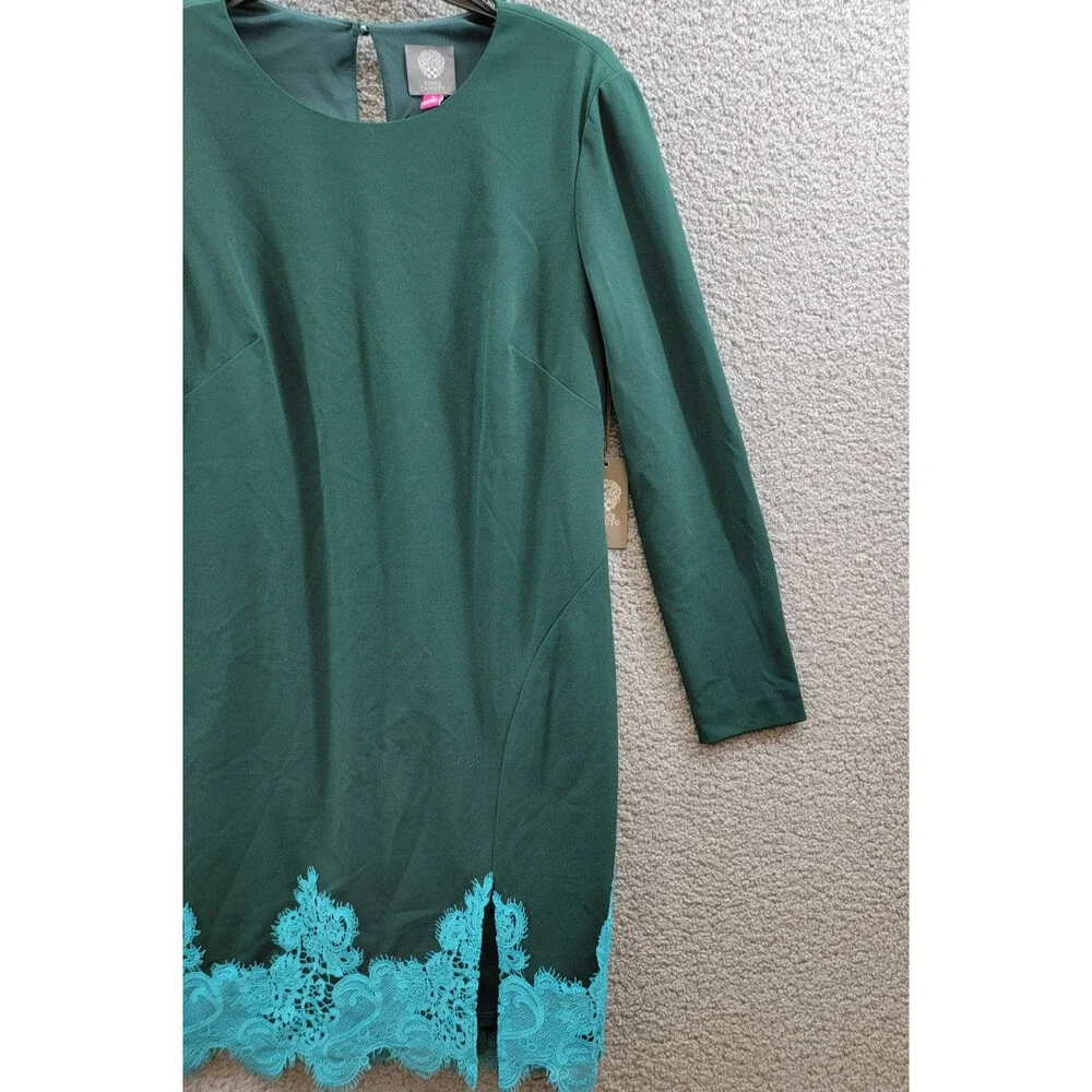 Vince Camuto Lace-Hem Bodycon Dress Women's 12 Hunter Crewneck Button Back Zip